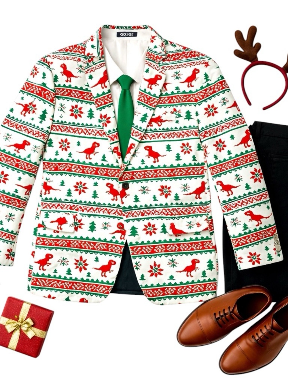 OppoSuits Christmas Dino Blazer Red Green Novelty Holiday Party Jacket Mens 46